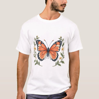 Coral Butterfly with Daisies and Garden Leaves T-Shirt