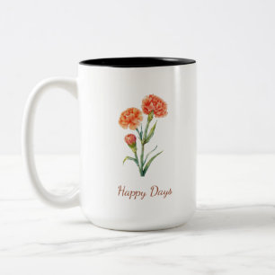 Coral Carnation Botanical Watercolor Custom Name Two-Tone Coffee Mug