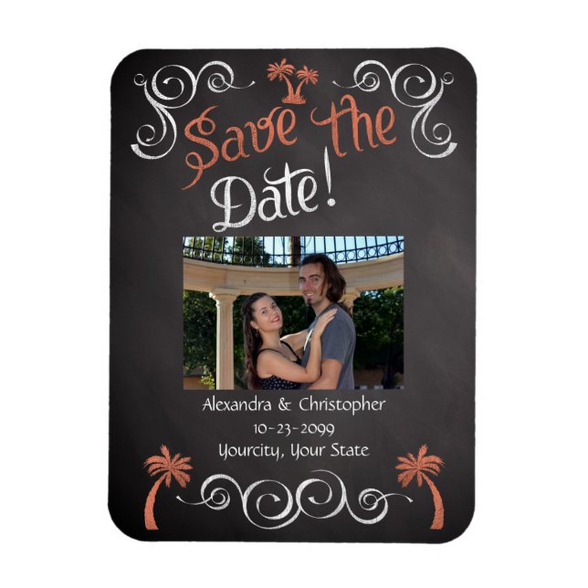 Coral Chalkboard Script Beach Photo Save the Date Magnet (Vertical)