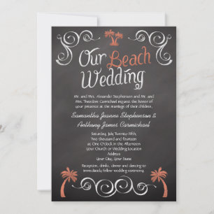 Coral Chalkboard Script Beach Wedding Invitation