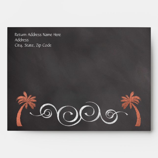 Coral Chalkboard Script Beach Wedding Outer Envelopes (Front)