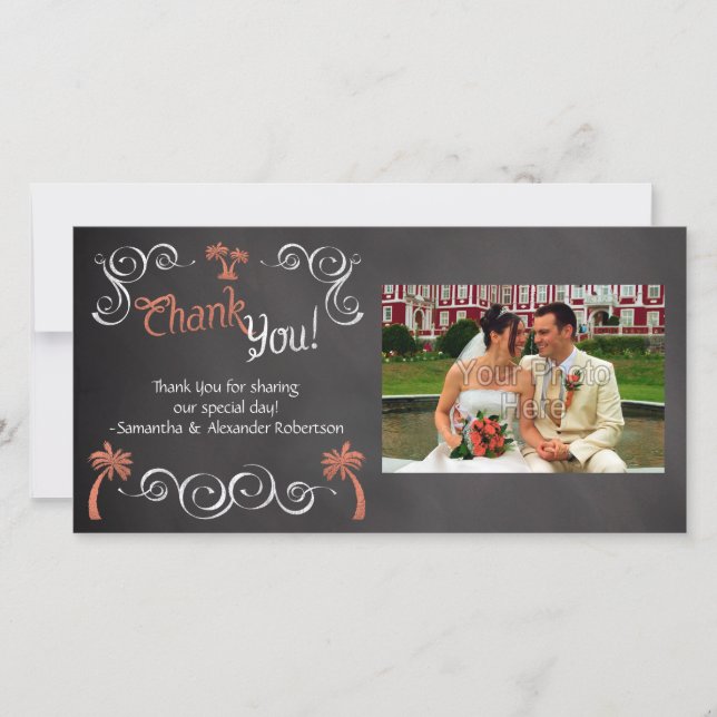 Coral Chalkboard Script Beach Wedding Thank You Card (Front)