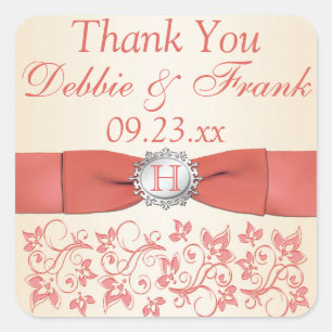Coral, Champagne Floral Wedding Favour Sticker