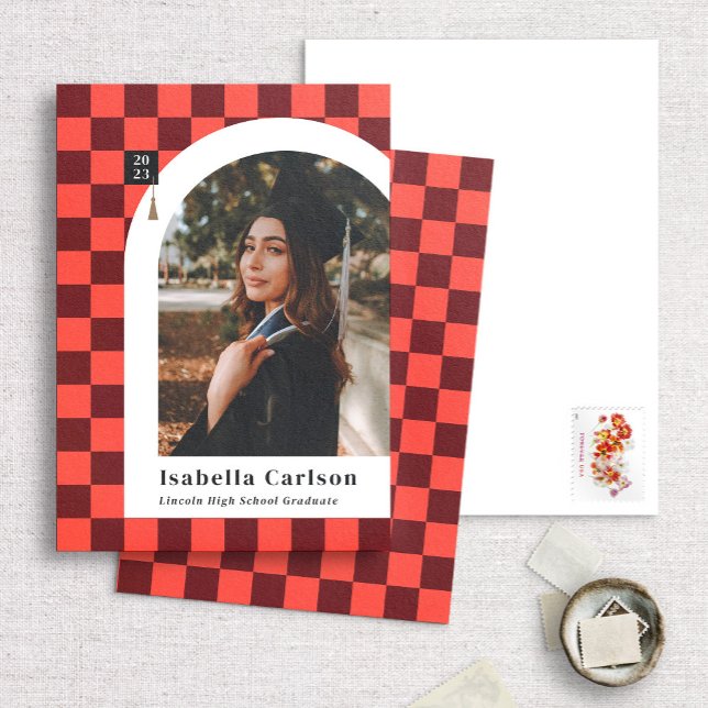 Coral Chequered Arch Photo Graduation Annoucement Announcement (Creator Uploaded)