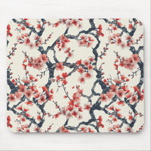 Coral Cherry Blossom Branches Ivory Asian Floral Mouse Pad