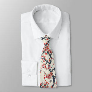 Coral Cherry Blossom Branches Ivory Asian Floral Tie