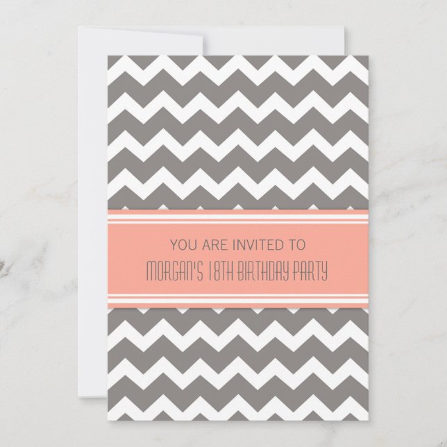 Coral Chevron 18th Birthday Party Invitations (Front)