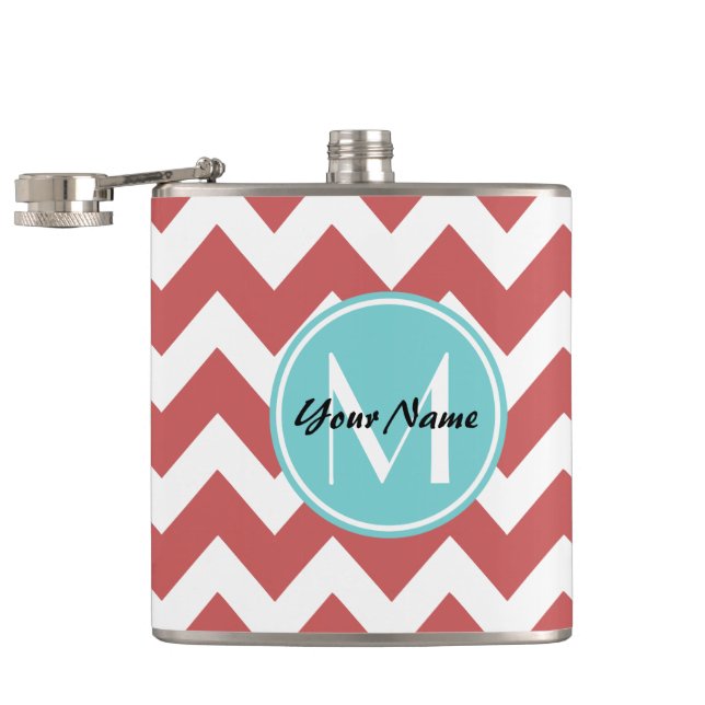 Coral Chevron Aqua Monogram, Personalized Hip Flask (Opened)