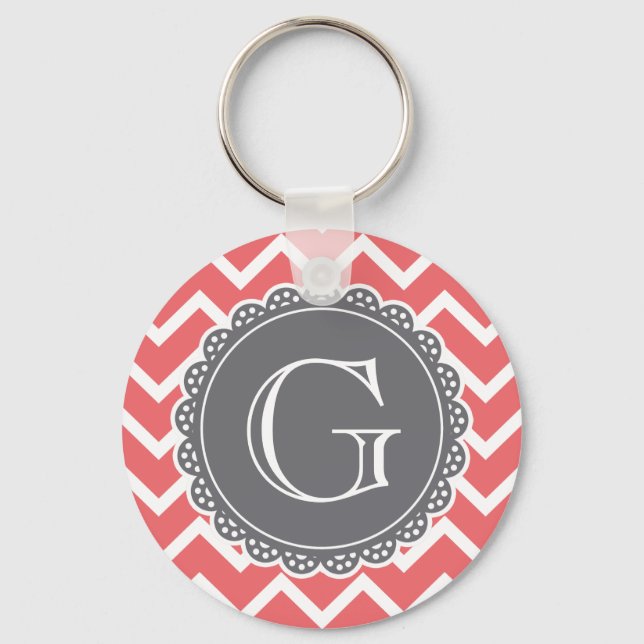Coral Chevron Grey Monogram Keychain (Front)