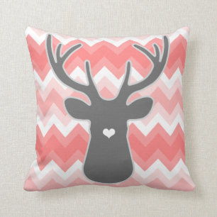Coral Chevron Heart Nose Deer Pillow