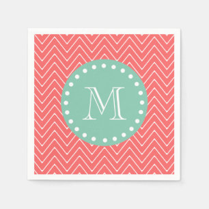 Coral Chevron Pattern Mint Green Monogram Napkin