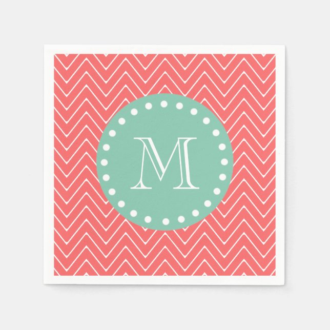 Coral Chevron Pattern | Mint Green Monogram Napkin (Front)