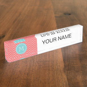 Coral Chevron Pattern   Teal Monogram Nameplate