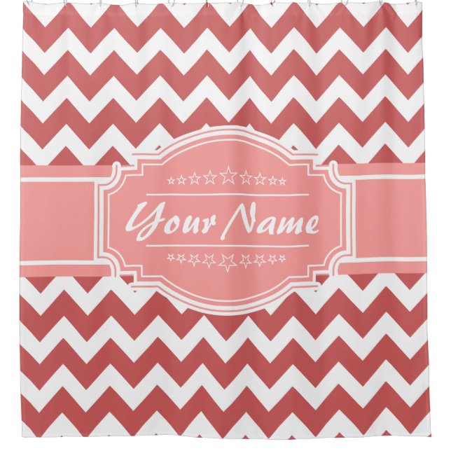 Coral Chevron Personalized Shower Curtain #1 (Front)