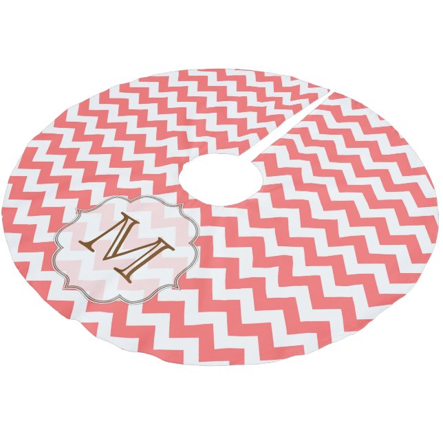 Coral Chevron Stripe Monogram Initial Tree Skirt (Angled)