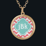 Coral Chevron with Turquoise Centre to Monogram Gold Plated Necklace<br><div class="desc">Here's a pretty, on-trend necklace featuring a monogrammable centre. The chevron stripes are coral and white, the middle medallion is a soft teal, and the lettering is pure white. Change the initials to any text you like, it's so easy to make personalized necklaces for yourself and as gifts for everyone....</div>