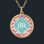 Coral Chevron with Turquoise Centre to Monogram Gold Plated Necklace<br><div class="desc">Here's a pretty, on-trend necklace featuring a monogrammable centre. The chevron stripes are coral and white, the middle medallion is a soft teal, and the lettering is pure white. Change the initials to any text you like, it's so easy to make personalized necklaces for yourself and as gifts for everyone....</div>