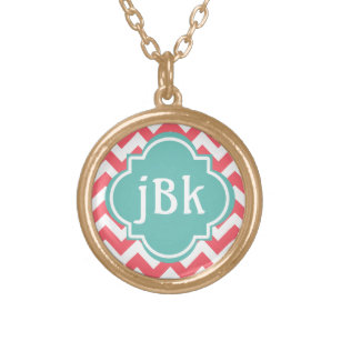 Coral Chevron with Turquoise Centre to Monogram Gold Plated Necklace