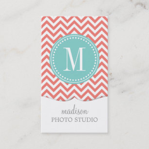 Coral Chevron Zigzag Personalized Monogram Business Card