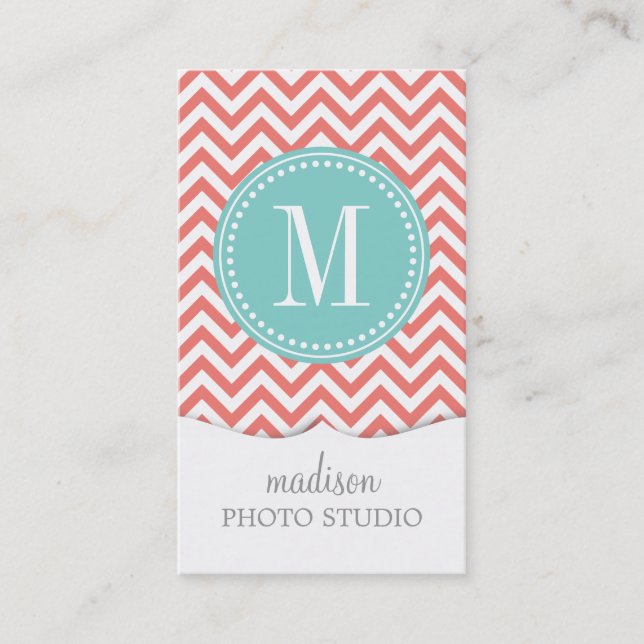 Coral Chevron Zigzag Personalized Monogram Business Card (Front)