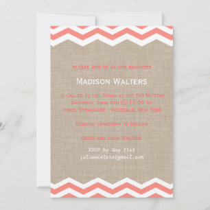Coral Chevrons on Burlap Bat Mitzvah Invitation