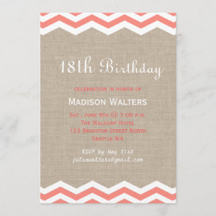 Coral Chevrons on Burlap Birthday Invitation