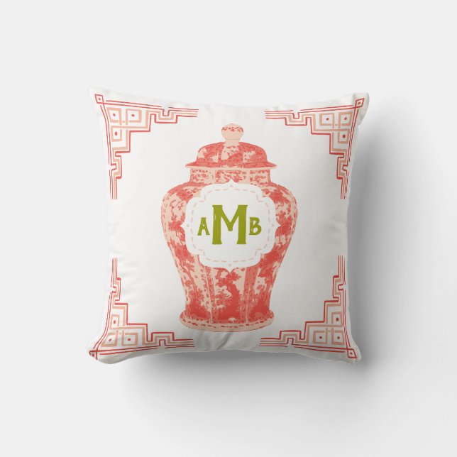 Coral Chinoiserie Ginger Jar Monogram Throw Pillow (Front)