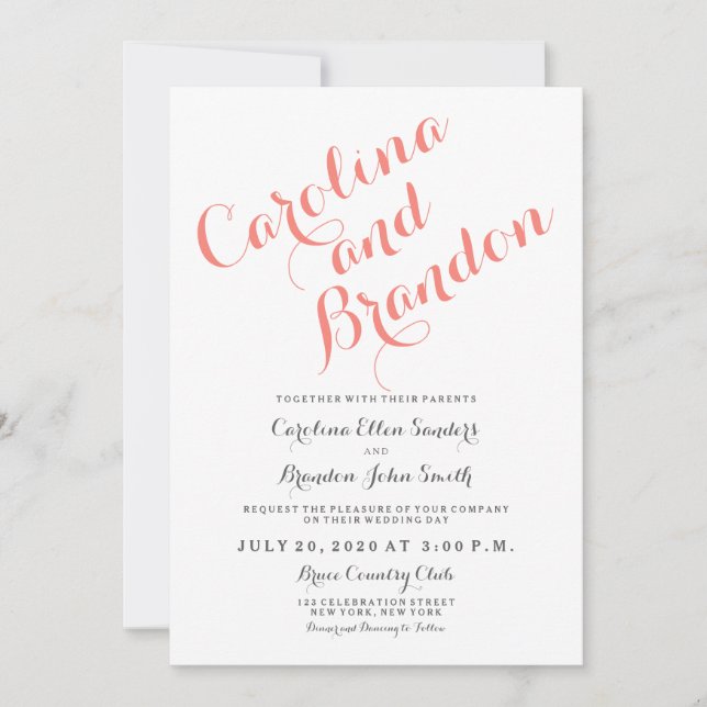 Coral Classic Script Élégant Mariage Invitation (Devant)