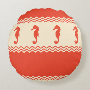 Coral Coastal Seahorses Stripes Round Pillow