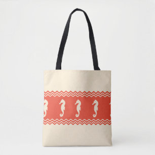 Coral Coastal Seahorses Stripes Tote Bag