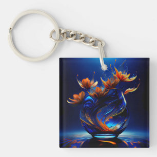 Coral Colored Flowers Growing Out Of A Blue Vase Keychain
