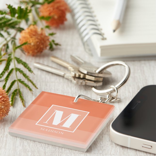 Coral Colour Blocks Custom Monogram Name  Keychain (Front Right)