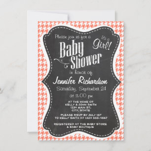 Coral Colour Houndstooth; Chalkboard look Invitation
