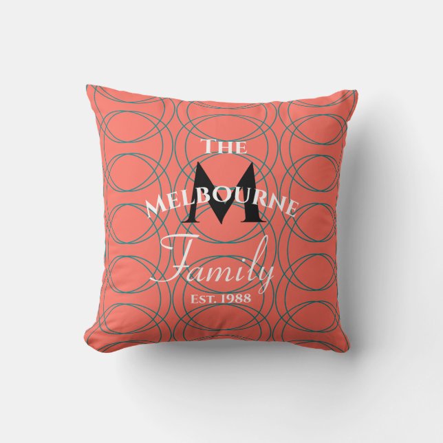 Coral Colour Teal Swirls Two Sided Family Monogram Throw Pillow (Front)