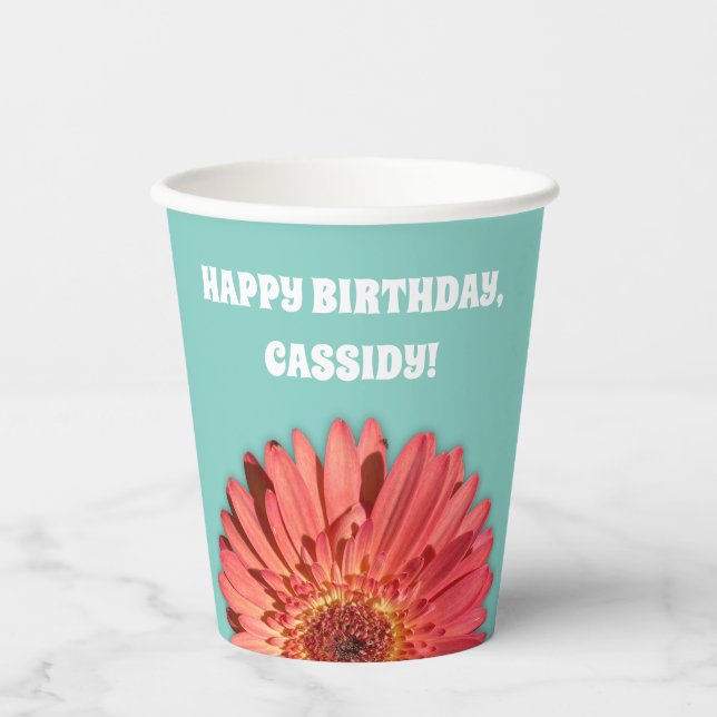 Coral Coloured Gerbera Daisy Photo Mint Green Paper Cups (Front)
