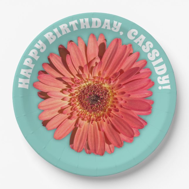 Coral Coloured Gerbera Daisy Photo Mint Green Paper Plate (Front)