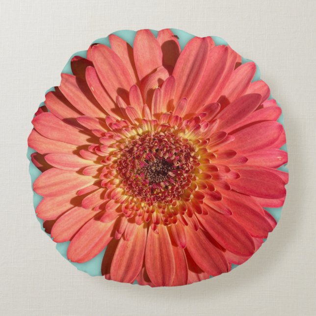 Coral Coloured Gerbera Daisy Photo Round Pillow (Front)