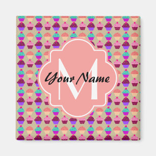 Coral Cupcake Personalized Name, Custom Monogram Magnet