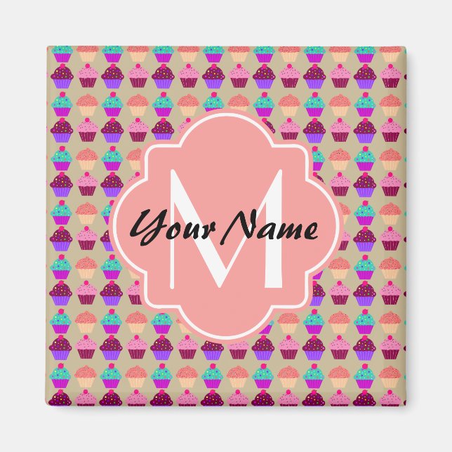Coral Cupcake Personalized Name, Custom Monogram Magnet (Front)