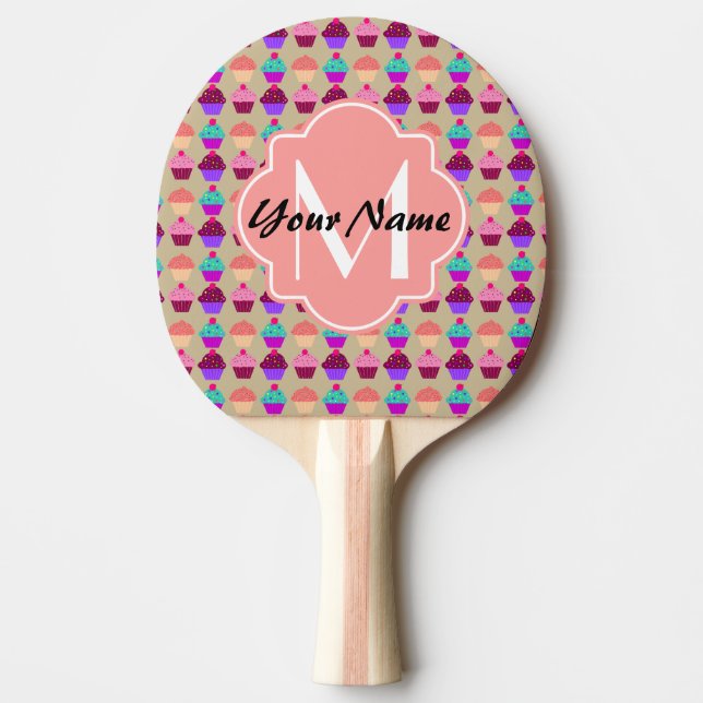 Coral Cupcake Personalized Name, Custom Monogram Ping Pong Paddle (Front)