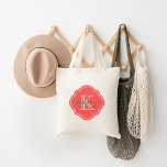 Coral Custom Personalized Monogram Tote Bag<br><div class="desc">Cute Girly Modern Tote Bag with Custom Personalized Name and Initial Monogram in a Vintage Moroccan Quatrefoil Clover Shape Frame Border</div>