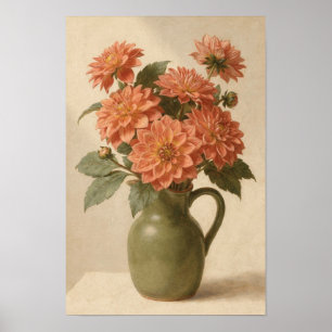 Coral Dahlias in Olive Green Pitcher Poster