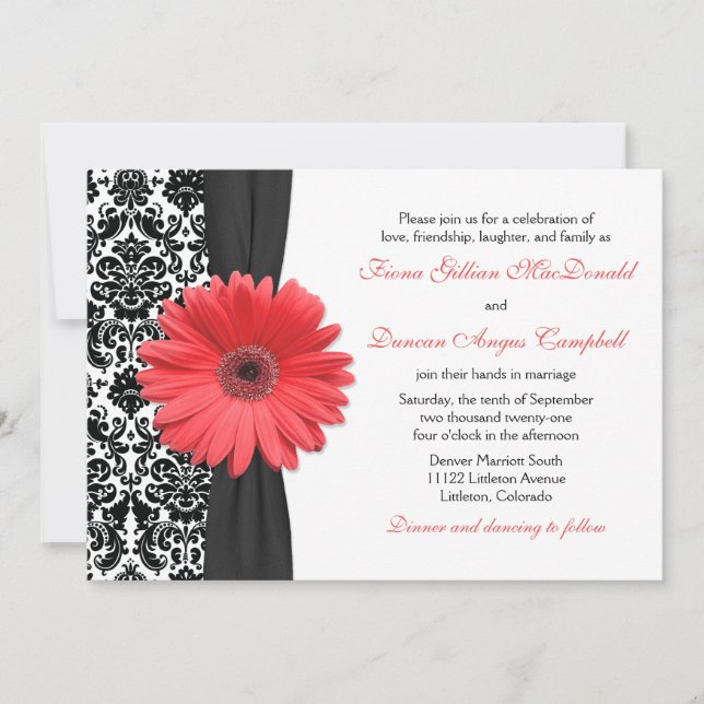 Coral Daisy Black White Damask Wedding Invitation (Front)