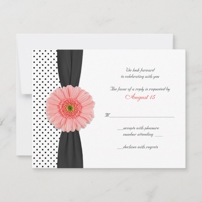 Coral Daisy Polka Dot Ribbon RSVP Card (Front)