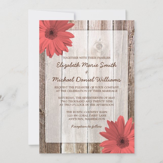 Coral Daisy Rustic Barn Wood Wedding Invitation (Front)
