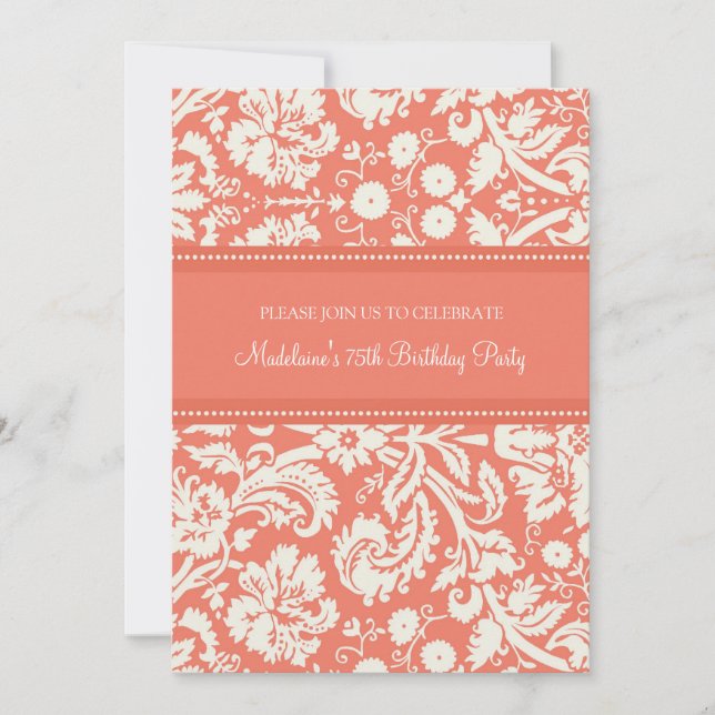 Coral Damask 75th Birthday Party Invitations (Front)