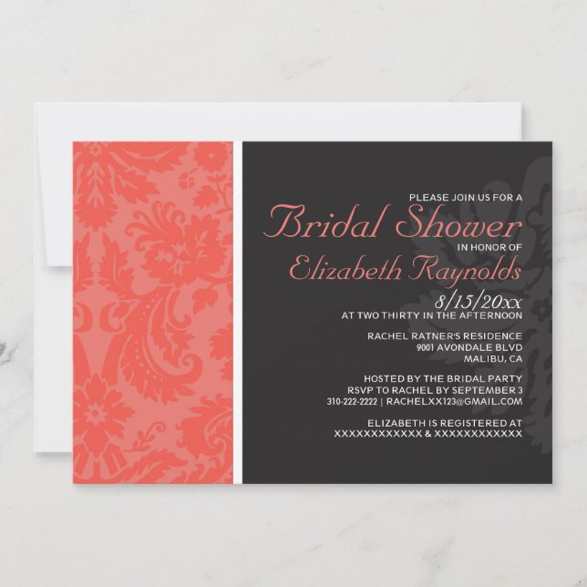 Coral Damask Bridal Shower Invitations (Front)