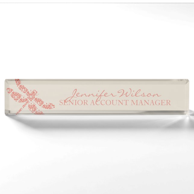 Coral Damask Dragonfly Wedding Nameplate (Front)