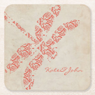 Coral Damask Dragonfly Wedding Square Paper Coaster