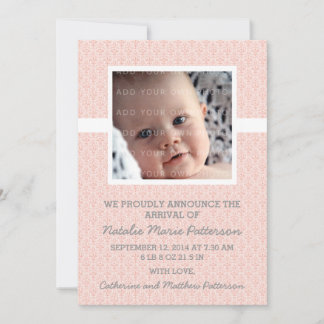 Coral Damask Frame Photo Baby Announcement